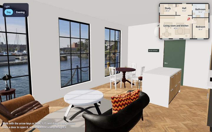 Harbour Loft: the living room, with the harbour through the windows