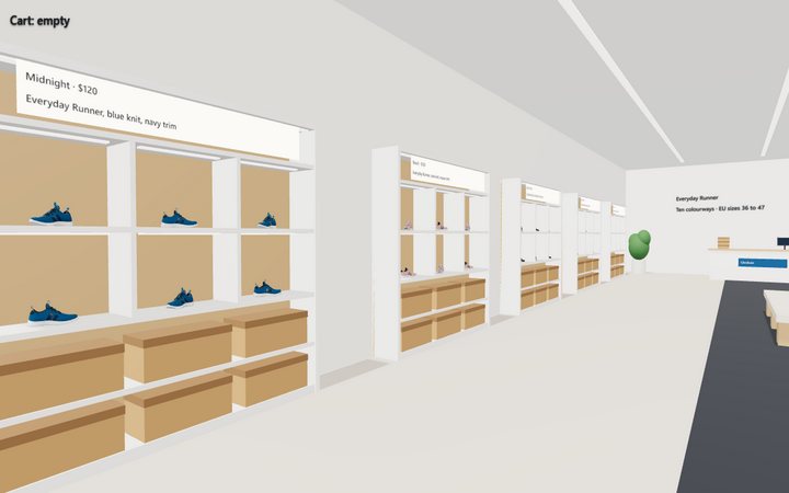 The sneaker store: a bay of blue shoes, the hall beyond
