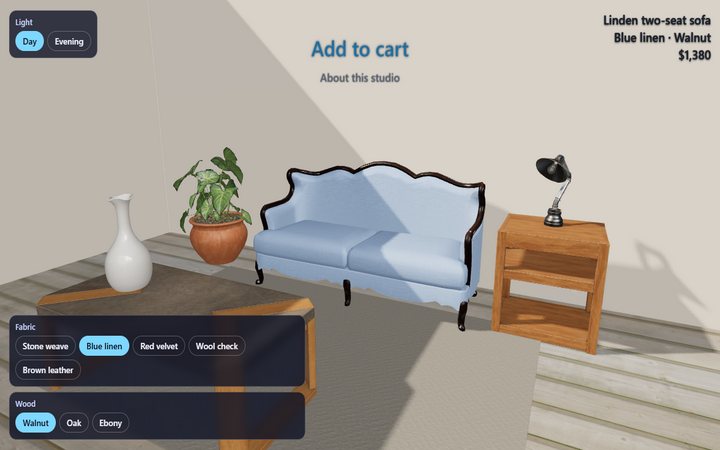 The sofa studio: a sofa in blue linen, in a sunlit room