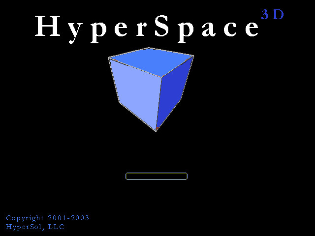 The early HyperSpace 3D concept screen: a blue 3D cube, a loading bar, and the 2001 to 2003 HyperSol copyright line