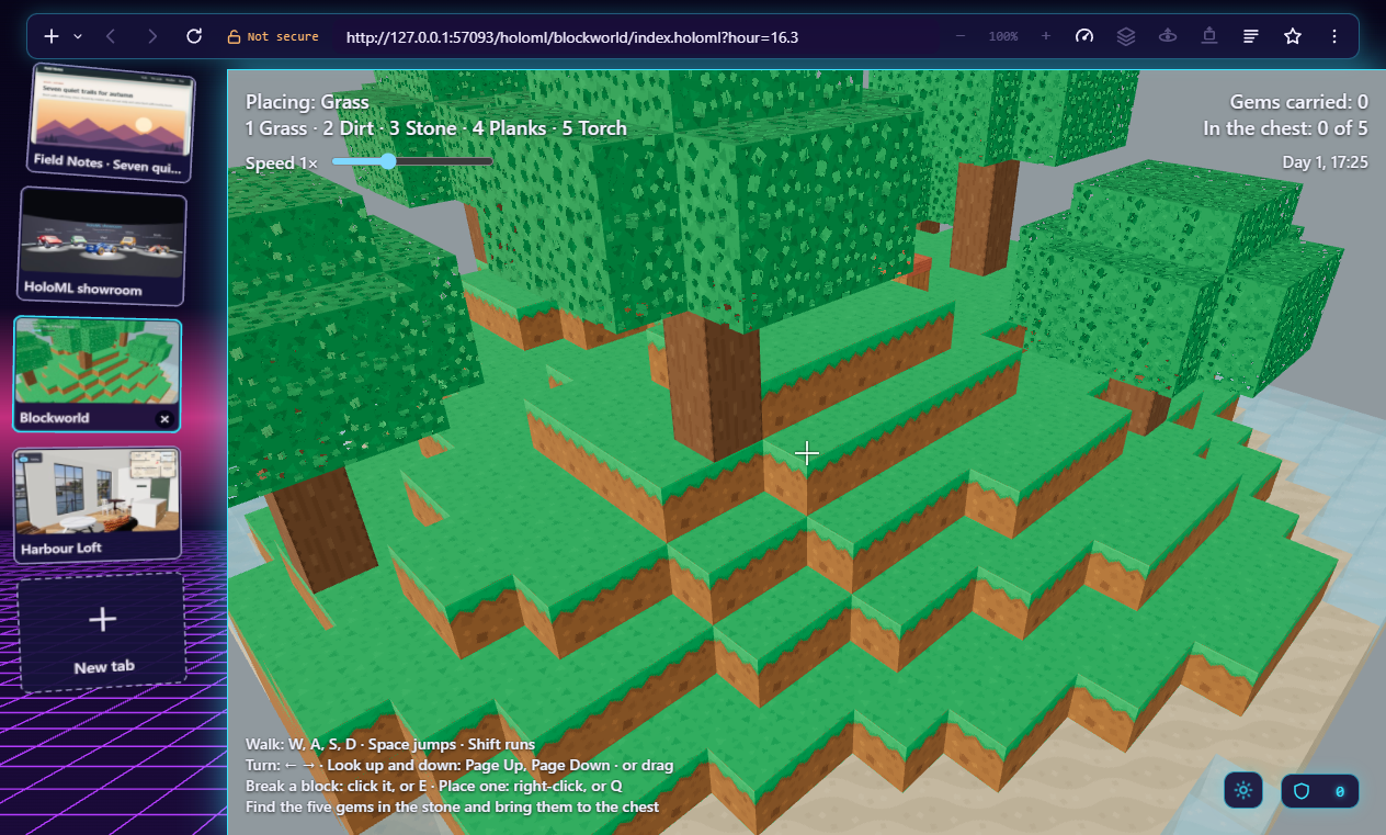 Blockworld, a small block game written in HoloML: an island of grass blocks and trees, seen from above one corner