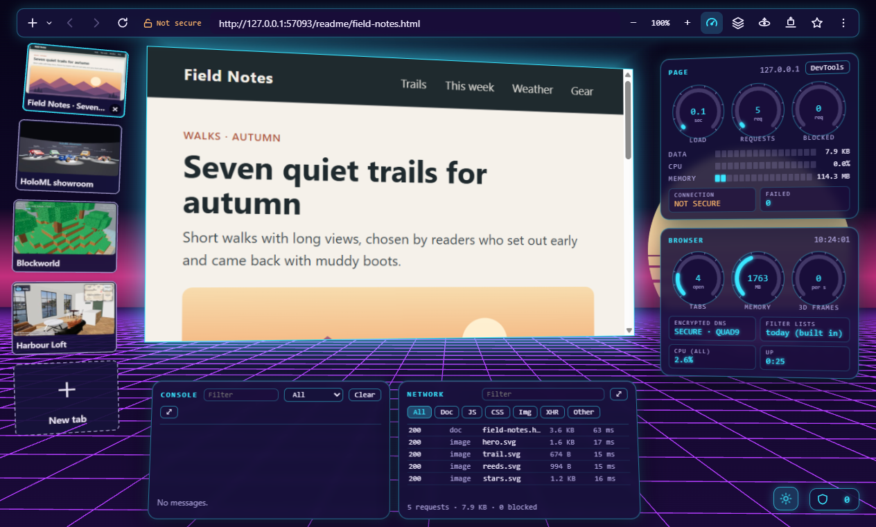 The same page beside the instrument panel: gauges for load, requests, and memory, the console, and the network list