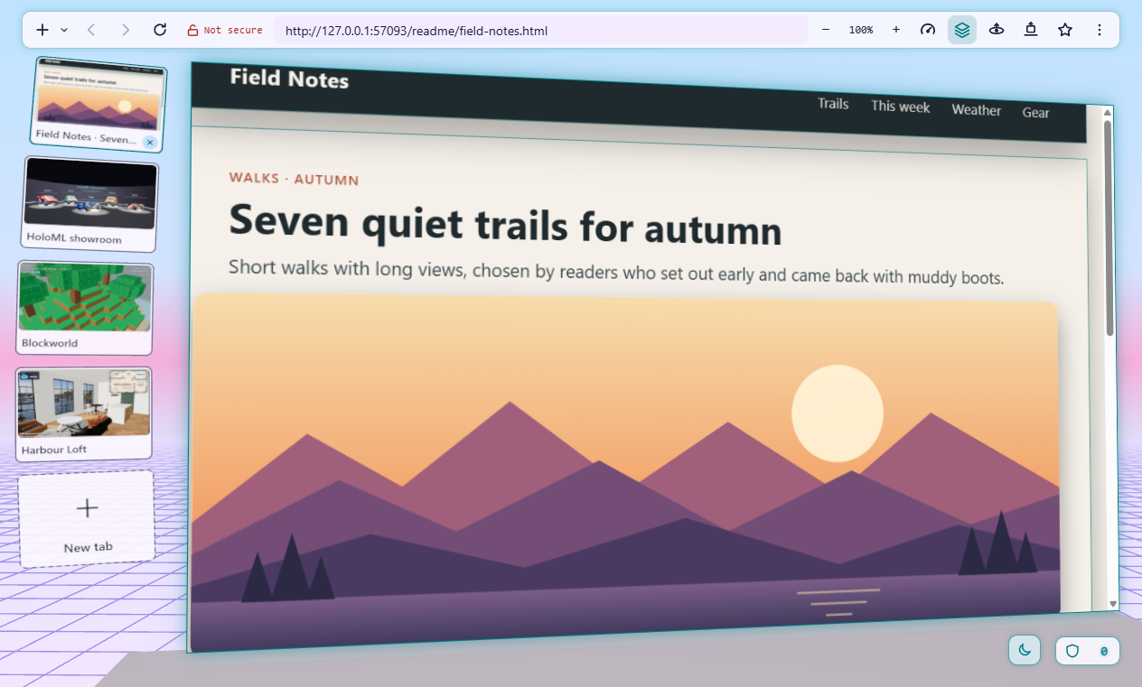 An ordinary web page on a tilted panel in the light Daylight theme, its sections and picture lifted into layers