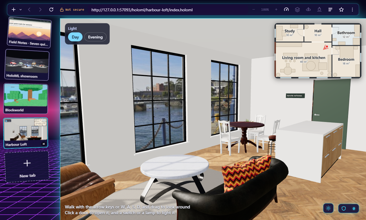 HyperSpace 3D showing HoloML's Harbour Loft: a loft's living room by day, boats in the harbour through tall steel windows, a floor plan in the corner, and four tabs as cards on the left